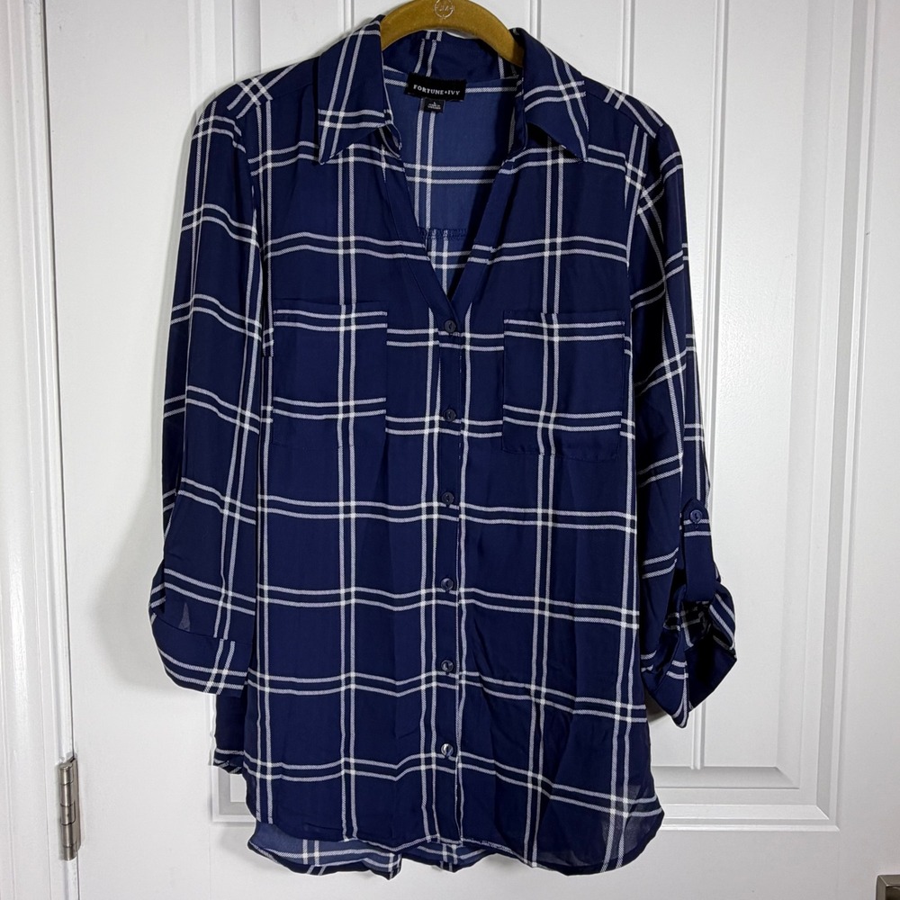 Fortune + Ivy Navy Blue White Plaid Roll Tab Sleeve Button Down Blouse Large